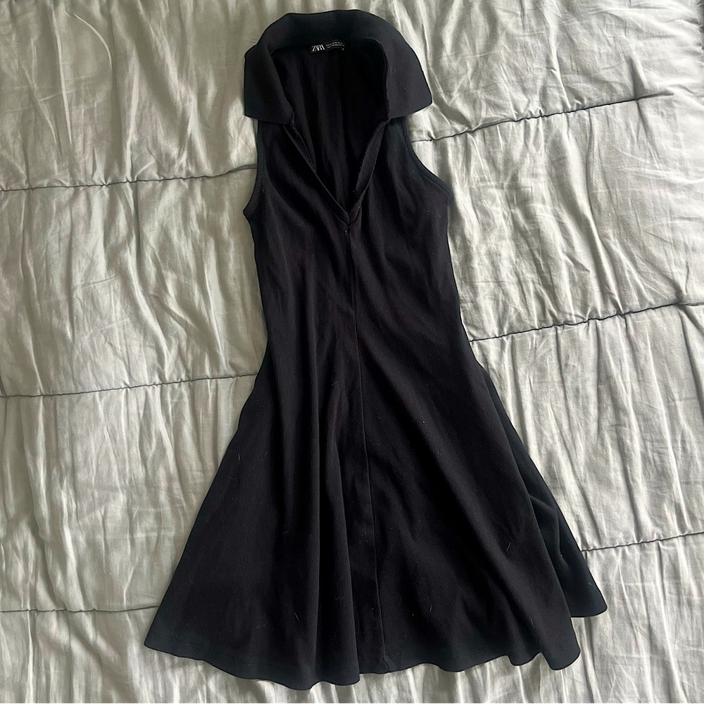 ZARA BLACK COLLARED V-NECK TENNIS MINI DRESS